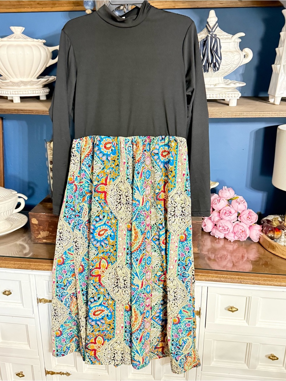 Black Long-Sleeve Dress with Multicolor Paisley Skirt